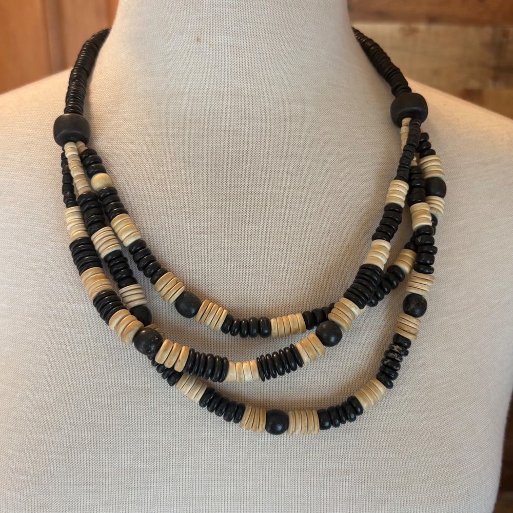 Native Treasure Co 3 Strand Coconut Wood Clam Shell Heishe Bead Necklace Brown